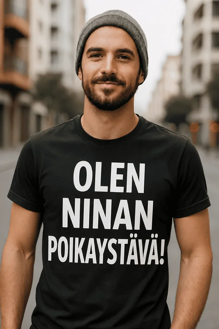 Hauska t-paita Kumppani nimellä lahjaksi, tekstillä OLEN NINAN POIKAYSTÄVÄ!