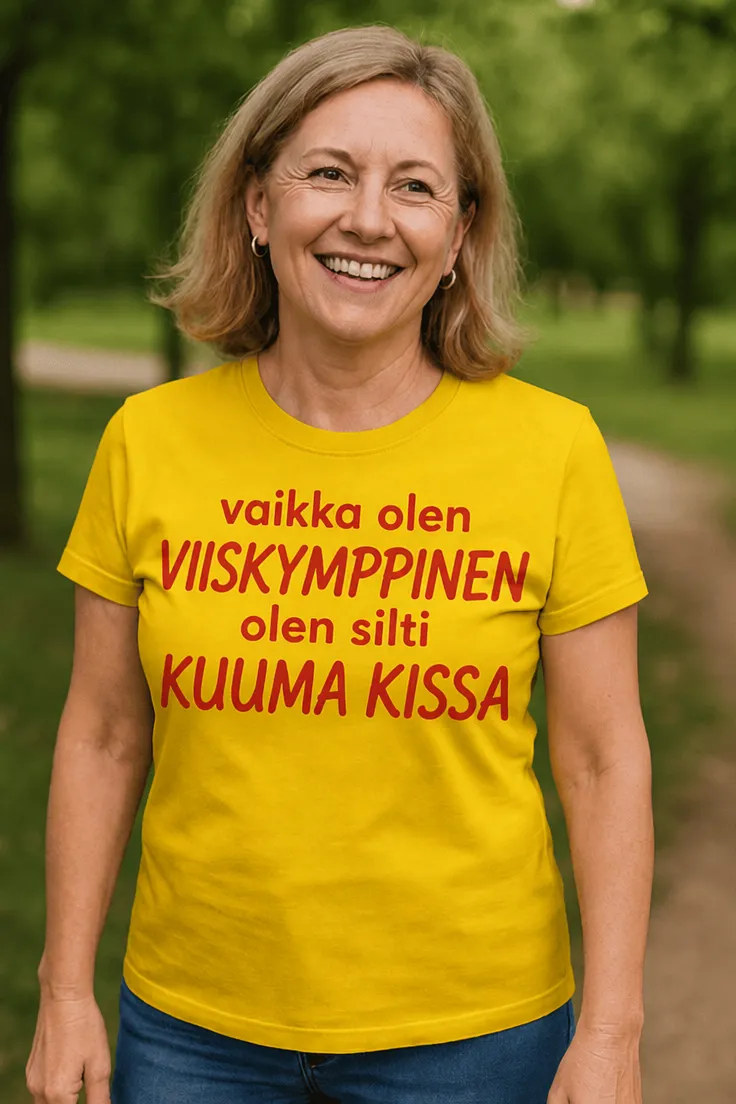 Hauska t-paita Kuuma kissa viisikymppisenä humoristisella synttäripainatuksella