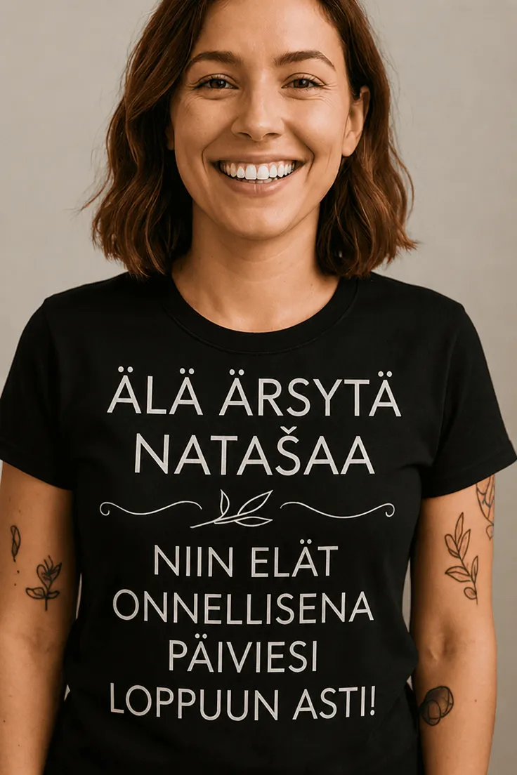 Hauska t-paita Älä ärsytä nimellä, jossa teksti ÄLÄ ÄRSYTÄ NATAŠAA NIIN ELÄT ONNELLISENA PÄIVIESI LOPPUUN ASTI!