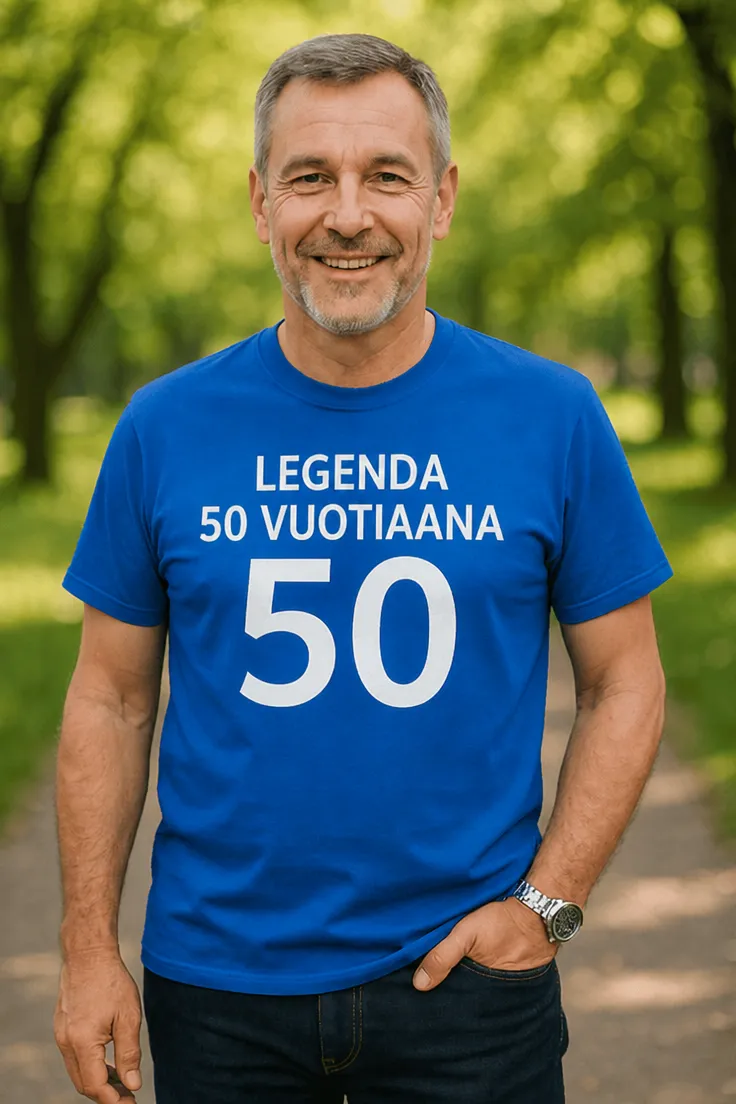 Hauska t-paita Legenda 50 vuotiaana tekstillä LEGENDA 50 VUOTIAANA