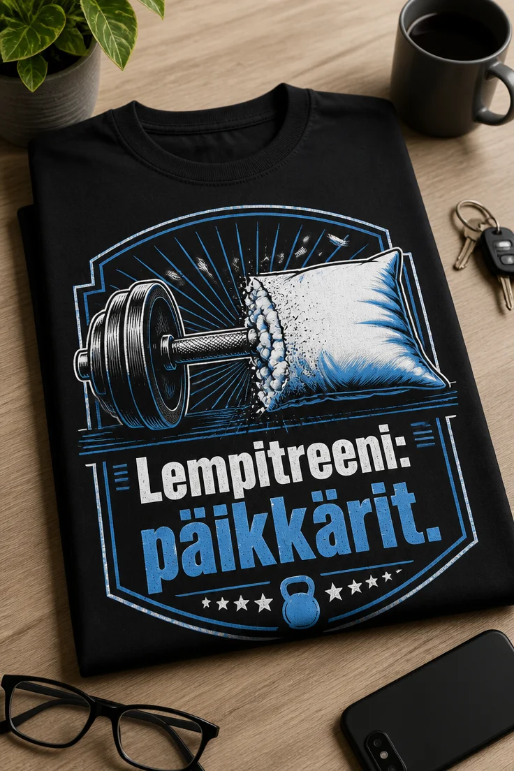 Hauska t-paita, jossa lukee Lempitreeni: päikkärit. Vintage-henkinen salipaita, jossa käsipaino muuttuu tyynyksi.