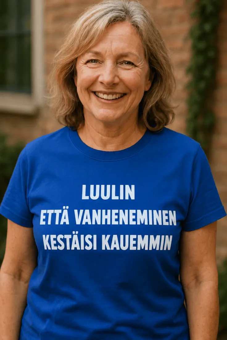 Hauska t-paita Luulin että vanheneminen kestäisi humoristisella ikääntymisteemalla