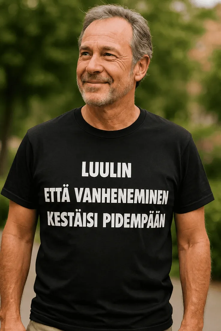 Hauska t-paita Luulin vanhenemisen kestävän pidempään humoristisella tekstiprintillä
