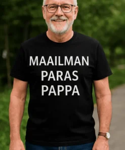 Hauska t-paita Maailman paras pappa, jossa teksti MAAILMAN PARAS PAPPA
