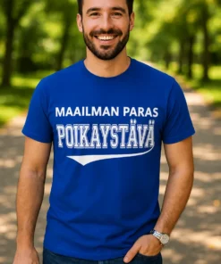 Hauska t-paita Maailman paras poikaystävä tekstillä MAAILMAN PARAS POIKAYSTÄVÄ