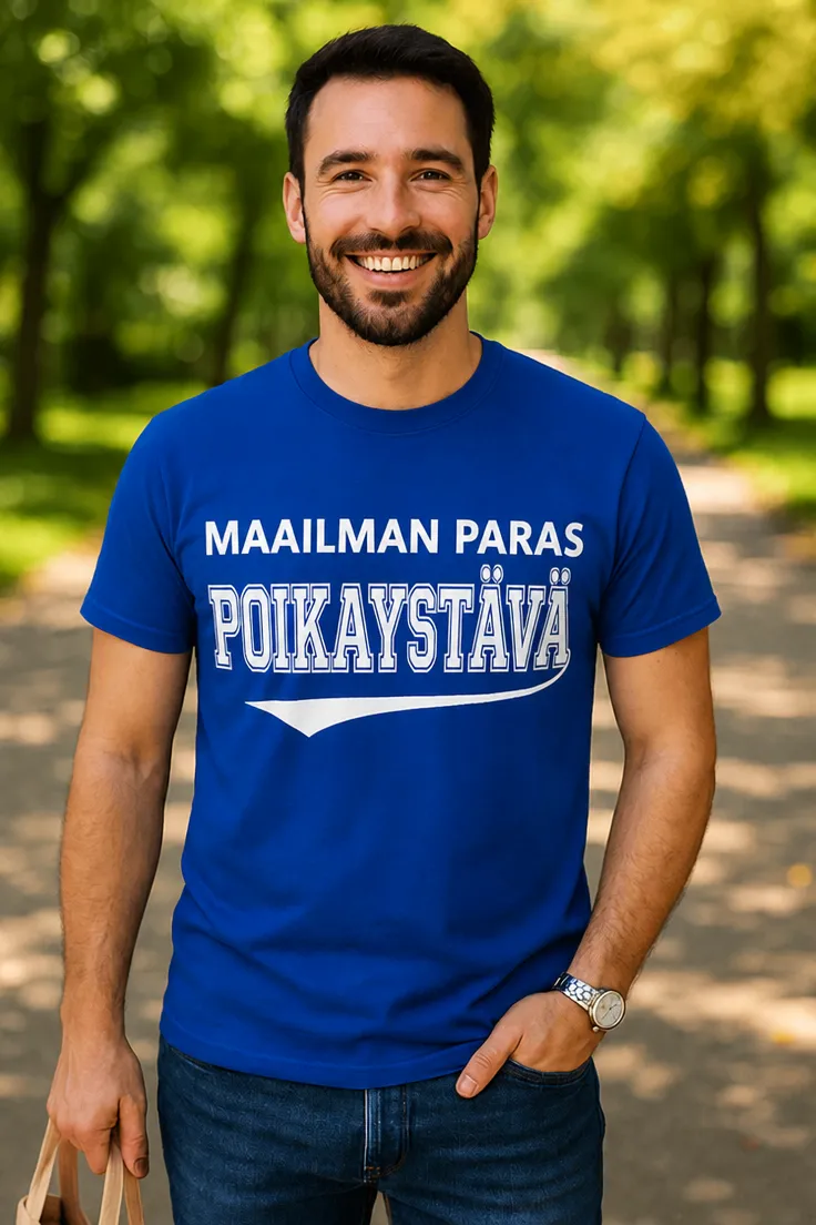 Hauska t-paita Maailman paras poikaystävä tekstillä MAAILMAN PARAS POIKAYSTÄVÄ