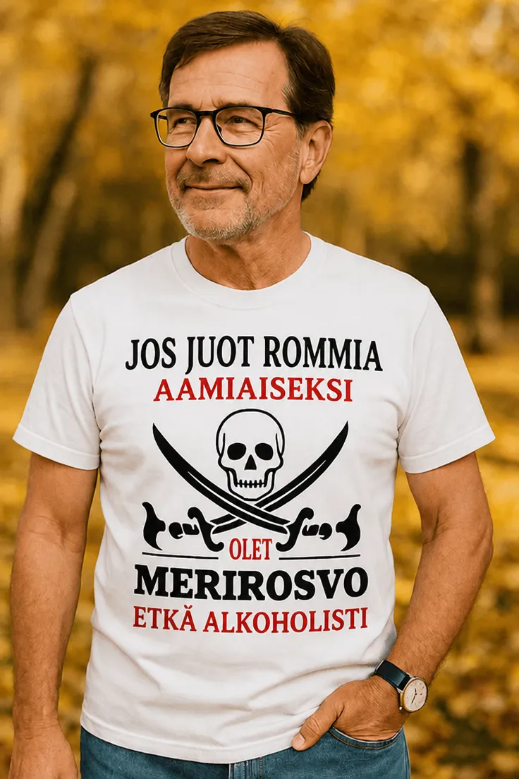 Hauska t-paita Merirosvo aamiaisella humoristisella merirosvoteemalla ja painatuksella