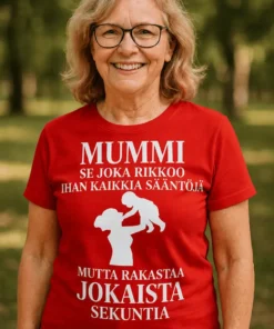 Hauska t-paita Mummi on paras, jossa teksti MUMMI SE JOKA RIKKOO IHAN KAIKKIA SÄÄNTÖJÄ MUTTA RAKASTAA JOKAISTA SEKUNTIA.