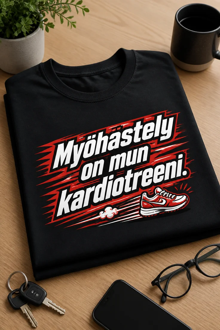 Hauska t-paita tekstillä Myöhästely on mun kardiotreeni. Sporttinen punavalkoinen typografiadesign, jossa on vauhtiviivoja ja pieni sneaker-ikoni.