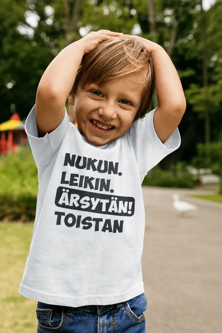 Hauska t-paita Nukun leikin ärsytän hauskalla painatuksella