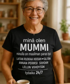 Hauska t-paita Olen mummi, jossa teksti minä olen MUMMI minulla on maailman paras työ