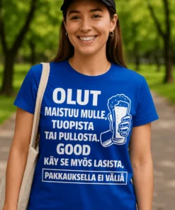 Hauska t-paita Olut maistuu mulle hauskalla olutaiheisella printillä
