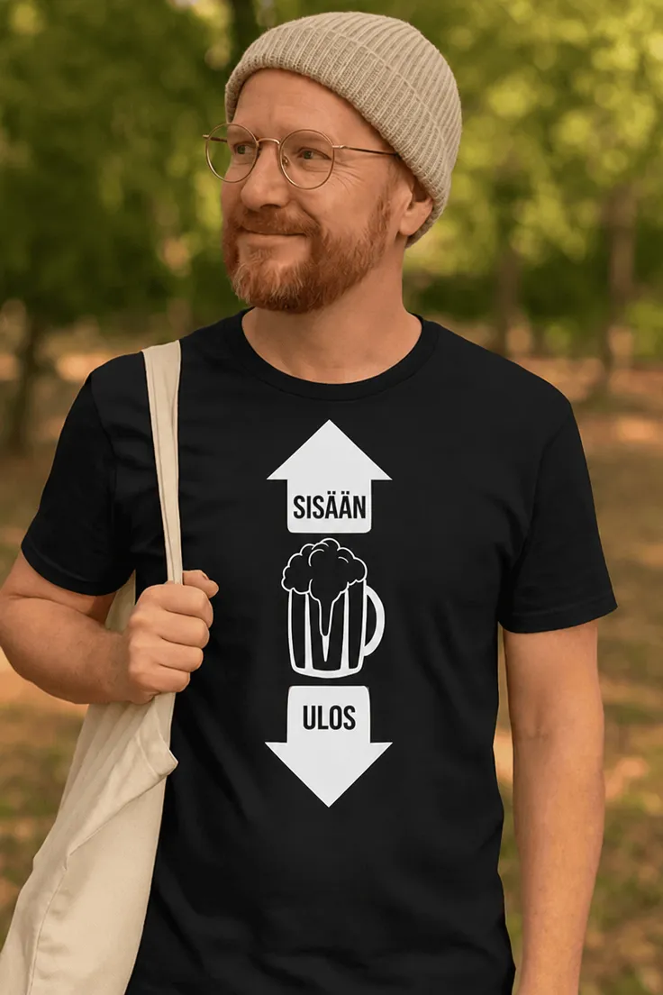 Hauska t-paita Olut sisään ulos, jossa teksti SISÄÄN ULOS