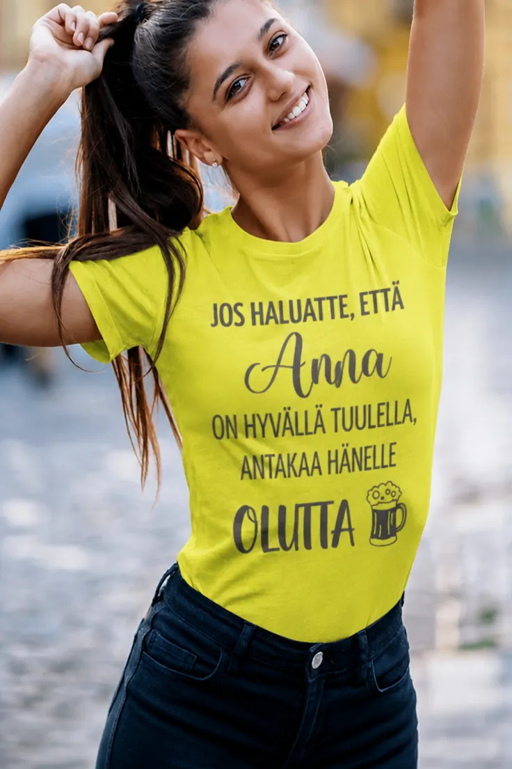 Hauska t-paita Olutta hyvälle tuulelle nimellä, humoristinen lahjapaita Anna-nimellä