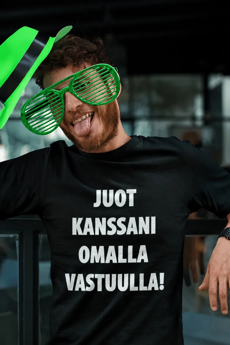 Hauska t-paita Omalla vastuulla, jossa teksti JUOT KANSSANI OMALLA VASTUULLA!