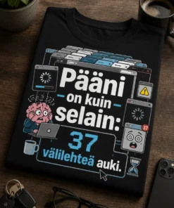Hauska t-paita tekstillä Pääni on kuin selain: 37 välilehteä auki ja taustalla selaimen välilehtiä kuvaavia graafisia elementtejä.