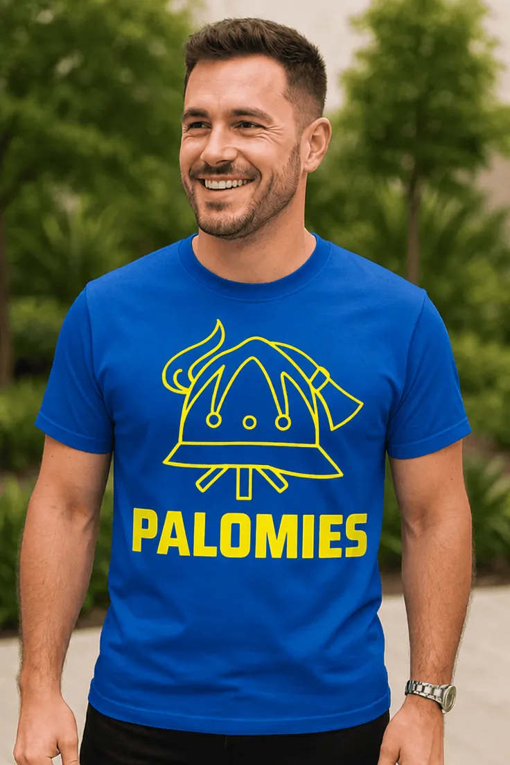 Hauska t-paita Palomies kypärällä, jossa teksti PALOMIES