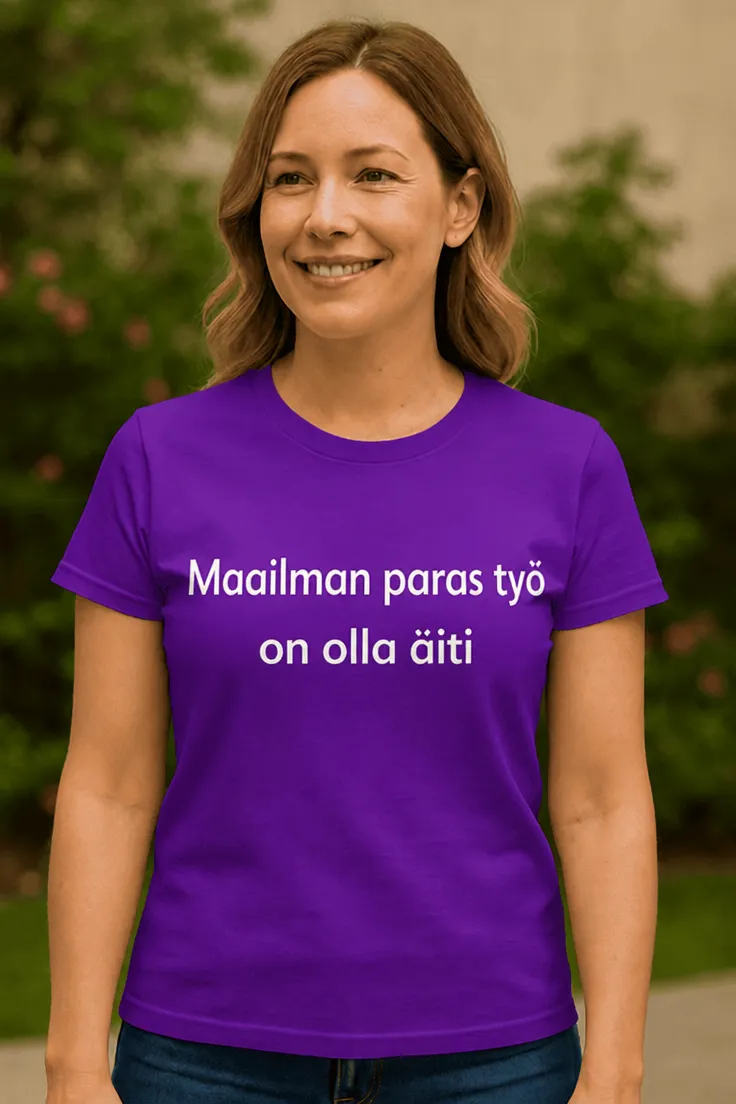 Hauska t-paita Paras työ äitinä, lahjapaita äidille tekstillä Maailman paras työ on olla äiti.