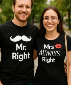 Hauska t-paita Pariskunnalle mr right, pariskunnan yhteensopiva humoristinen paita