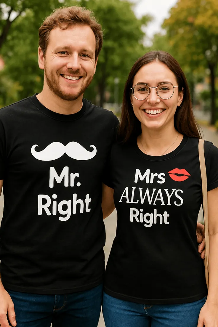 Hauska t-paita Pariskunnalle mr right, pariskunnan yhteensopiva humoristinen paita