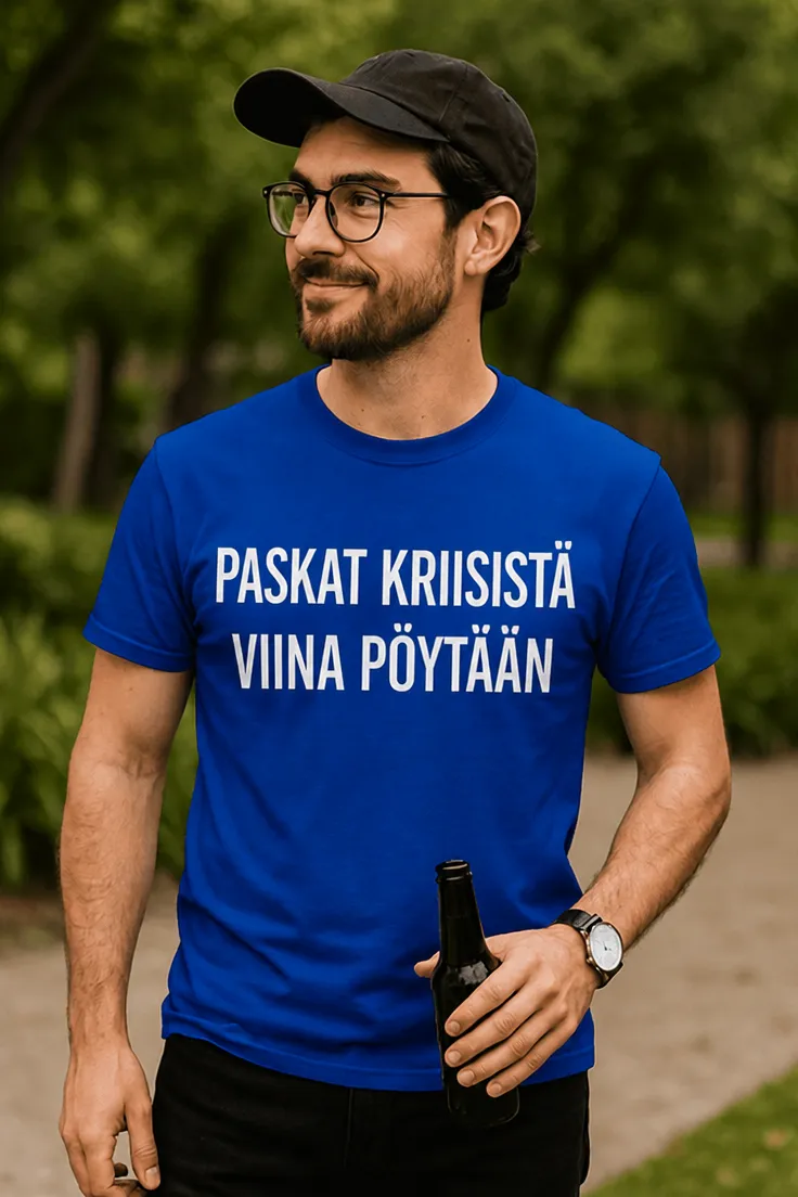 Hauska t-paita Paskat kriisistä viina pöytään humoristisella painatuksella