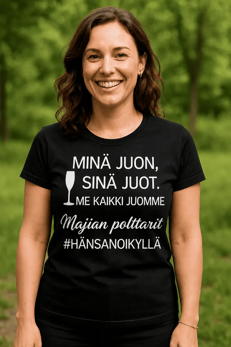 Hauska t-paita Polttarit juomme kaikki nimellä, polttaripaita omalla nimellä ja hauskalla juomateemalla
