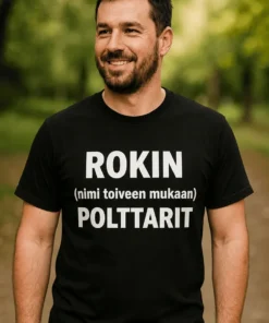 Hauska t-paita Polttarit nimellä, jossa teksti ROKIN (nimi toiveen mukaan) POLTTARIT