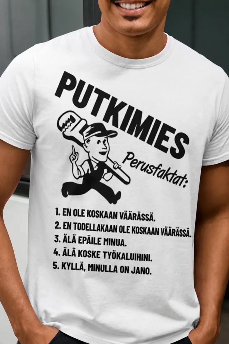 Hauska t-paita Putkimiehen perusfaktat humoristisella putkimies-aiheisella painatuksella