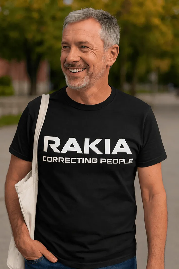 Hauska t-paita Rakia korjaa ihmisiä painatuksella RAKIA CORRECTING PEOPLE