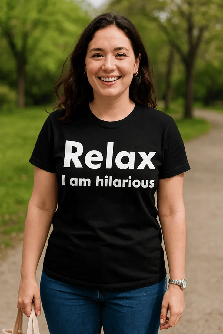 Hauska t-paita Relax olen hulvaton, jossa teksti Relax I am hilarious