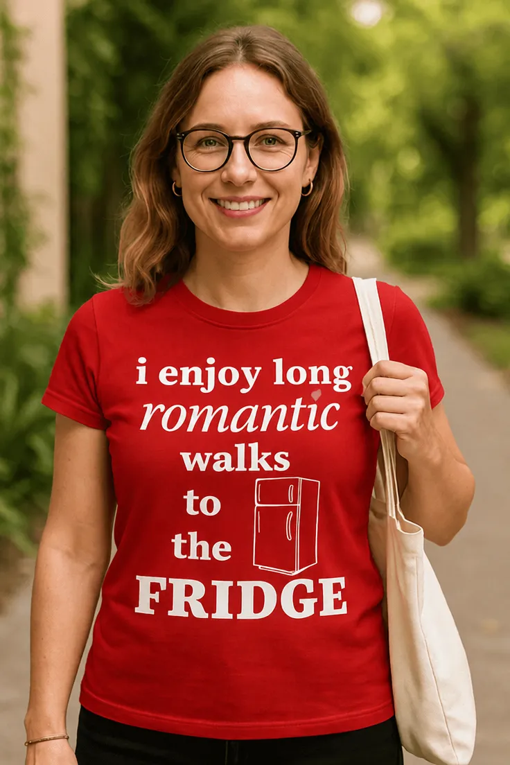 Hauska t-paita Romanttiset kävelyt jääkaapille humoristisella i enjoy long romantic walks to the FRIDGE -painatuksella