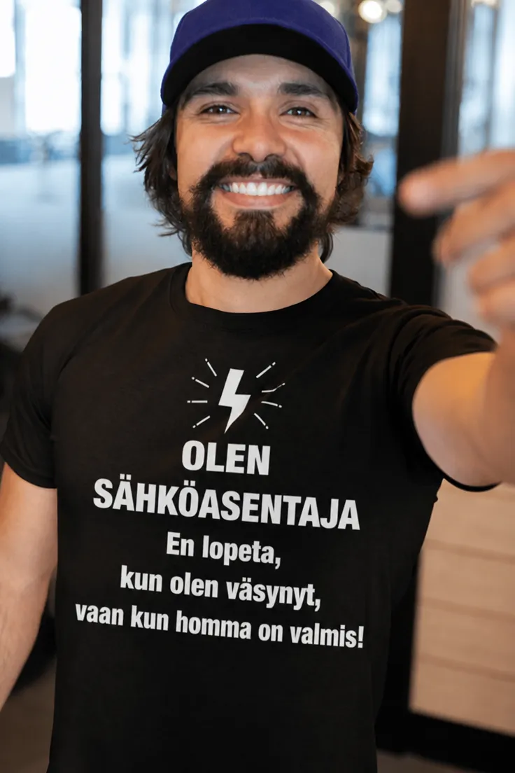 Hauska t-paita Sähköasentaja ei lopeta - lahjapaita sähköasentajalle hauskalla painatuksella