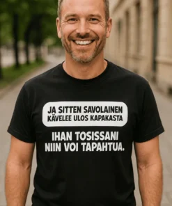 Hauska t-paita Savolainen lähtee kapakasta, humoristinen lahjapaita savolaisvitsillä