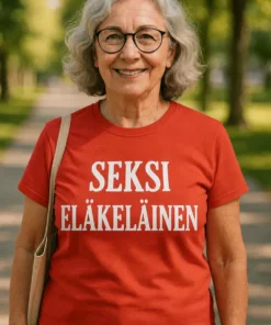 Hauska t-paita Seksi eläkeläinen hauskalla SEKSI ELÄKELÄINEN -painatuksella