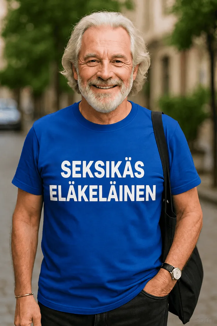 Hauska t-paita Seksikäs eläkeläinen lahjaksi, tekstillä SEKSIKÄS ELÄKELÄINEN