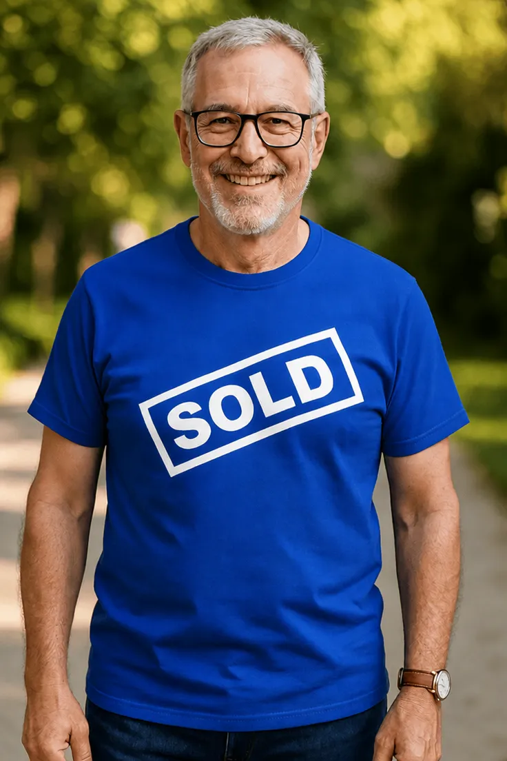 Hauska t-paita Sold, jossa teksti SOLD humoristisella painatuksella