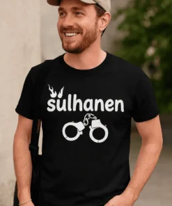 Hauska t-paita Sulhanen käsiraudoilla lahjaksi polttareihin
