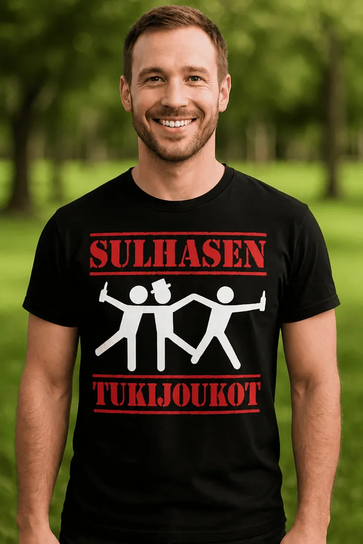 Hauska t-paita Sulhasen tukijoukot hauskalla polttaripaidan designilla