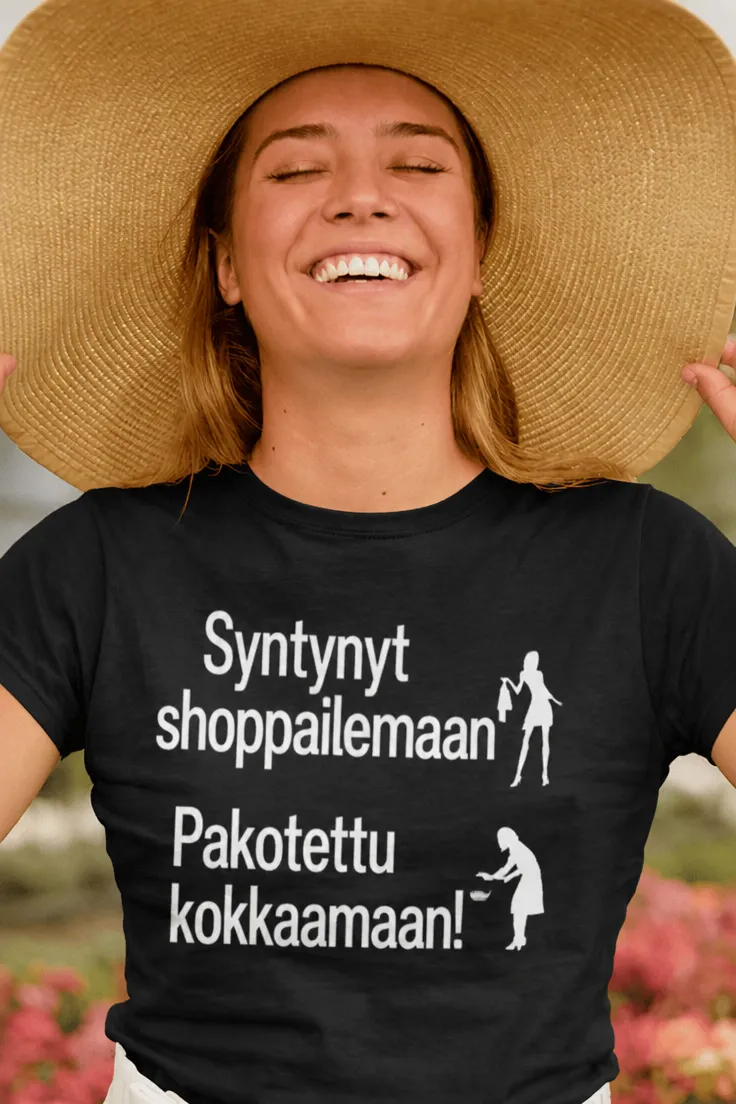 Hauska t-paita Syntynyt shoppailemaan lahjaksi shoppailusta vitsailevalle