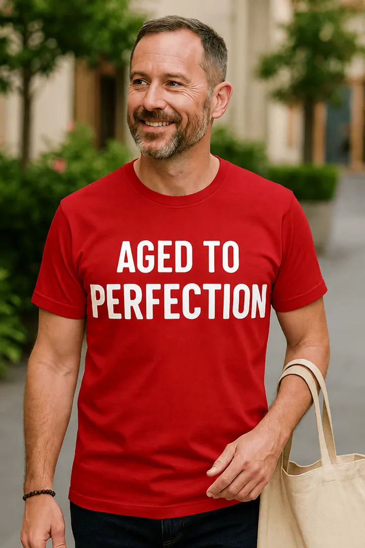 Hauska t-paita Täydellisesti kypsynyt lahjaksi tekstillä AGED TO PERFECTION