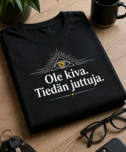Musta t-paita, jossa pieni silmäikoni ja teksti Ole kiva. Tiedän juttuja.
