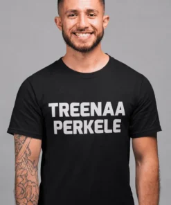 Hauska t-paita Treenaa perkele, jossa teksti TREENAA PERKELE