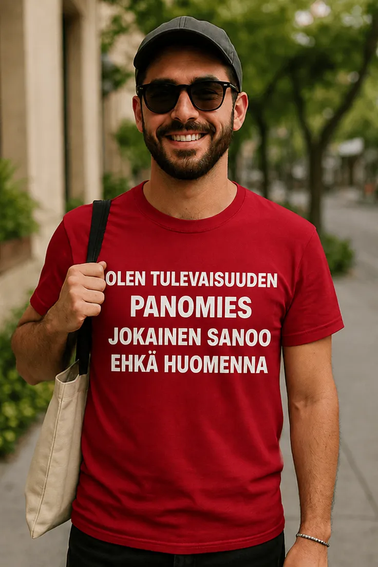 Hauska t-paita Tulevaisuuden panomies humoristisella painatuksella lahjaksi