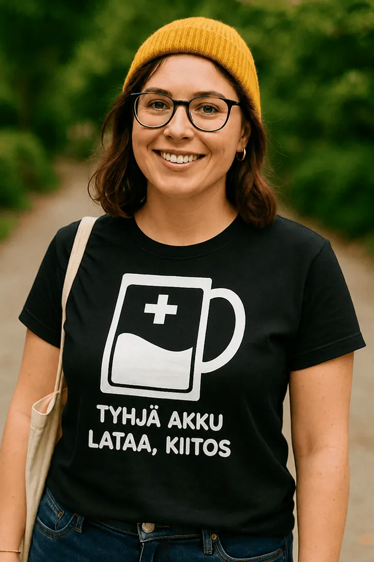 Hauska t-paita Tyhjä akku lahjaksi, painatuksella TYHJÄ AKKU LATAA, KIITOS