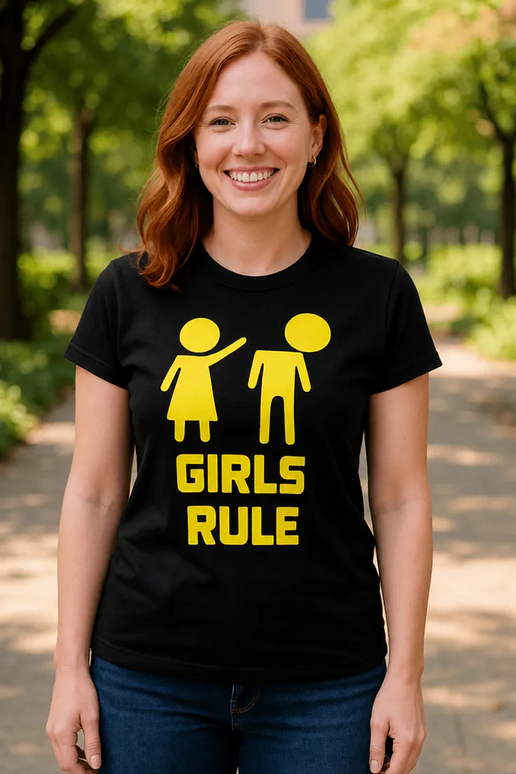 Hauska t-paita Tytöt määräävät, jossa teksti GIRLS RULE