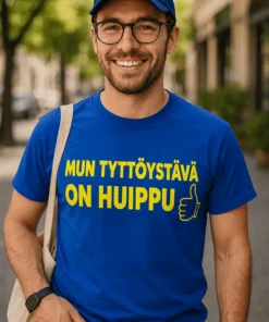 Hauska t-paita Tyttöystävä on huippu, jossa teksti MUN TYTTÖYSTÄVÄ ON HUIPPU.