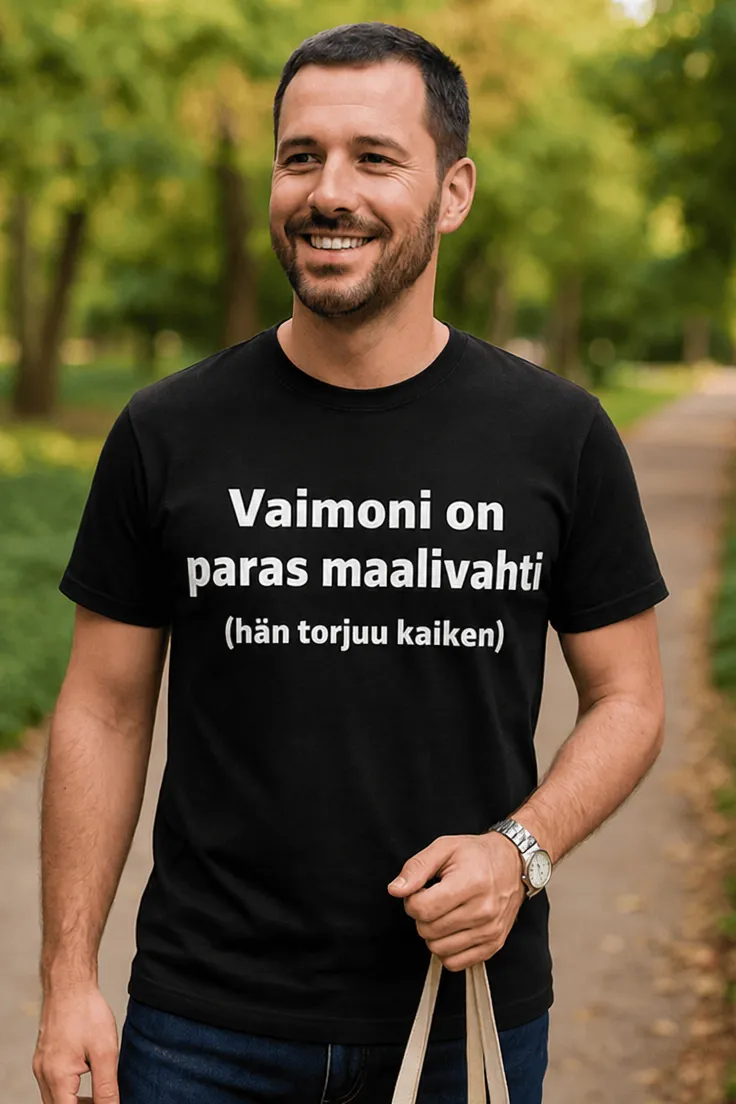 Hauska t-paita Vaimo on paras maalivahti, humoristinen lahjapaita puolisolle