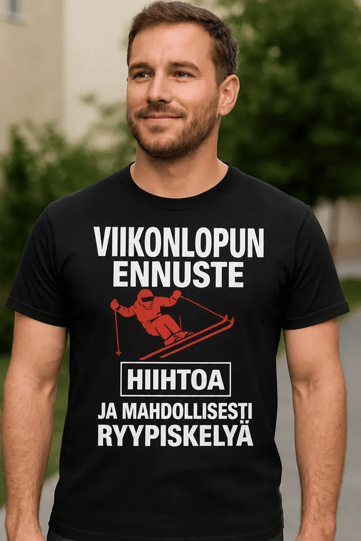 Hauska t-paita Viikonlopun ennuste hiihtoa hauskalla hiihtoaiheisella painatuksella