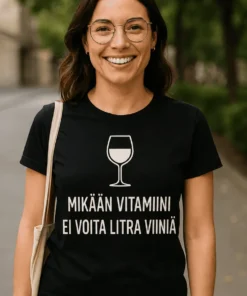 Hauska t-paita Viini voittaa vitamiinit hauskalla viiniteemalla lahjaksi