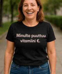 Hauska t-paita Vitamiini euro puuttuu humoristisella tekstiprintillä
